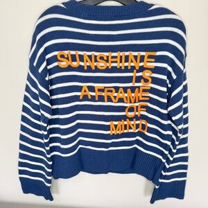 Kerri Rosenthal Sweater Sunshine Is A Frame Of Mind Blue White Stripe NEW Small